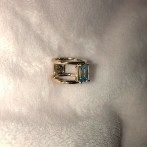14k Solid Gold Ring Bar with Blue Topaz - Picture 3 of 4